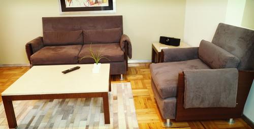 Comfortable sofa, chair and coffee table with plant