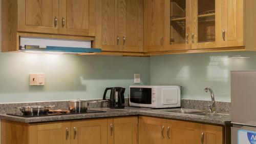 Fully equipped kitchen with a stove, hood and microwave