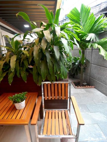 The outside terrace offers a small place to sit down and relax