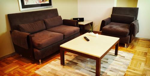 Comfortable sofa, chair and coffee table with plant